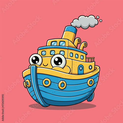 A bright cartoon boat with a smiling face and expressive eyes sails through a pink backdrop. Its yellow-blue body, puffing smokestack, and cheerful design make it ideal for children's content.