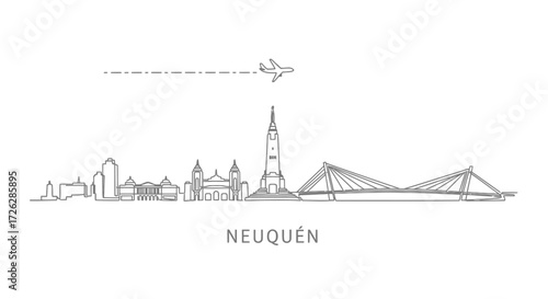 Neuquen Skyline and Airplane Minimalist Line Art