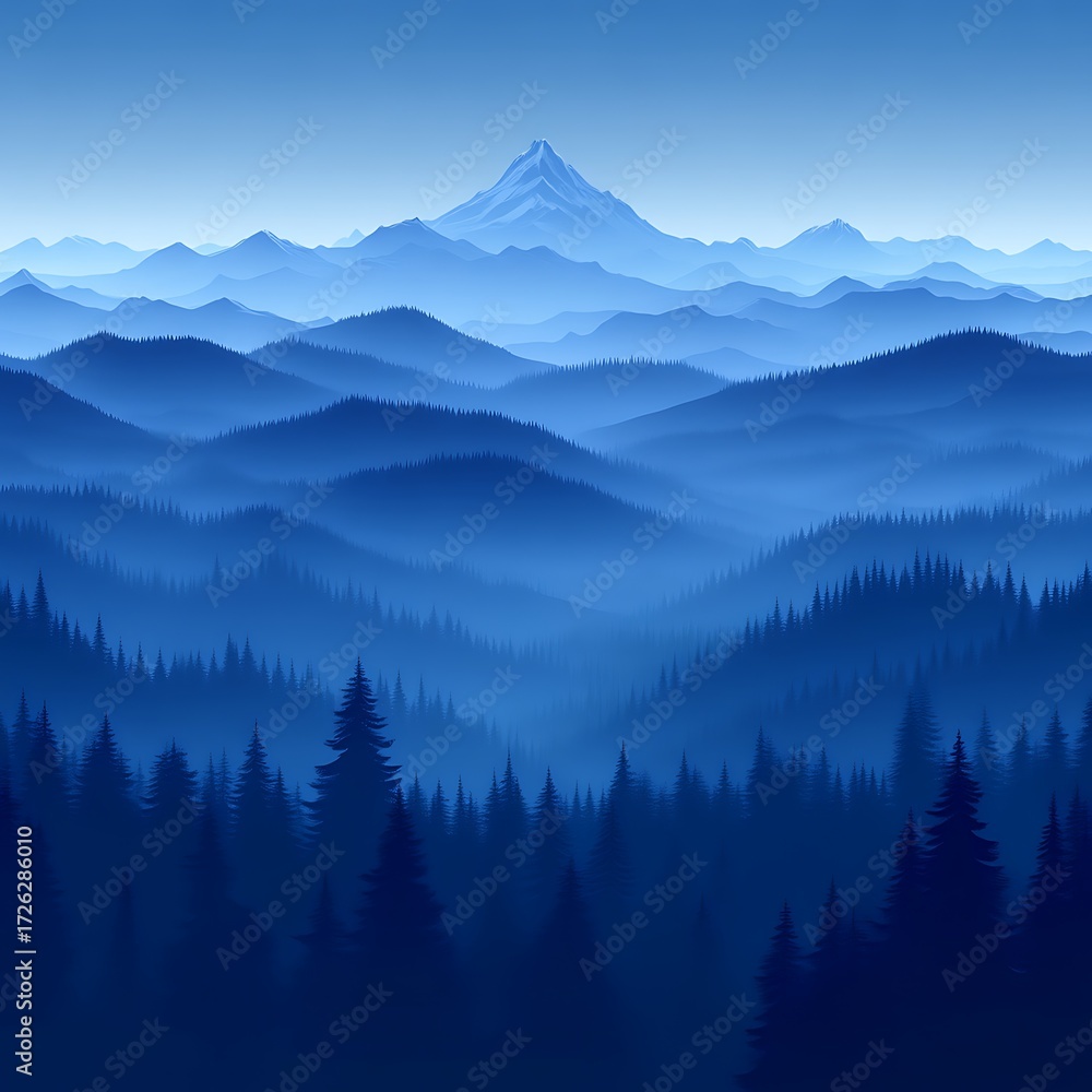 Obraz premium Misty mountain range, deep blue