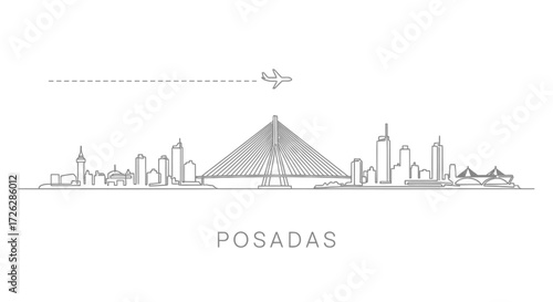 Posadas City Skyline Line Art with Airplane