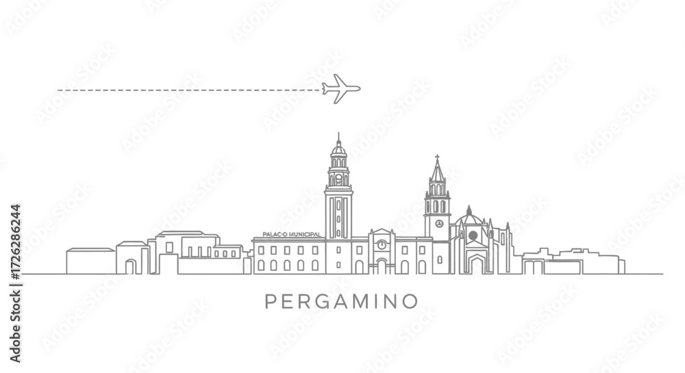 Fototapeta premium Pergamino Skyline with Airplane Icon