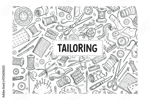 Crafting tailoring essentials artist creative space overhead view sewing techniques. Vector illustration