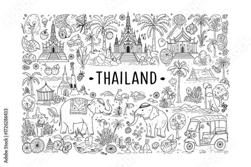 Exploring thai culture through elephants and temples thailand scenic bird's eye view cultural richness. Vector illustration