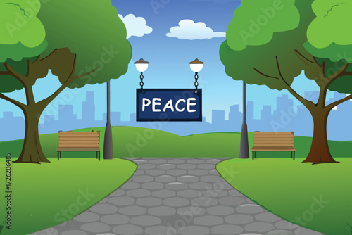 A peaceful park scene with a peace sign and scenic backdrop