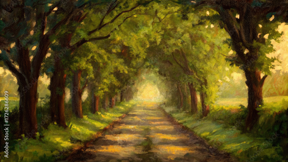 Fototapeta premium Oak trees lining serene road in painting concept. A serene pathway surrounded by lush greenery and warm sunlight.