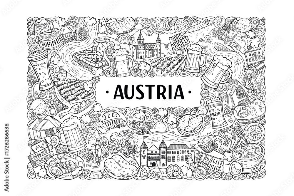 Fototapeta premium Culinary exploration of austria traditional dishes and beverages food cultural setting illustrated perspective. Vector illustration