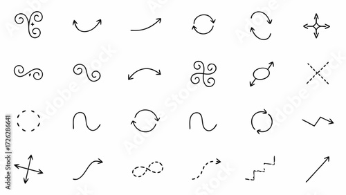 Vector illustration of various hand drawn arrows and direction indicators on a white background in a grid format