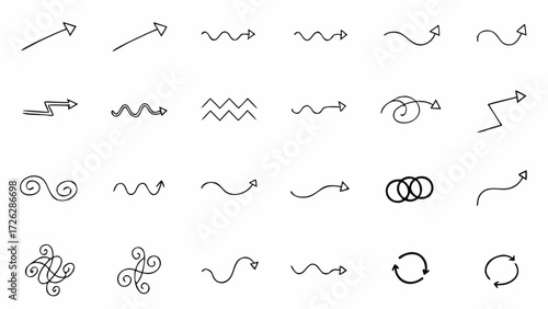 Vector collection of hand drawn arrows in various styles pointing in different directions on a white background