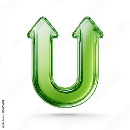 Glossy 3D glass letter U as upward arrows, vibrant green, representing progress and growth.