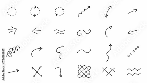Vector collection of various hand drawn arrows and circular shapes and abstract lines on a white background design element