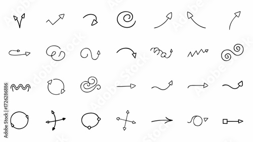 Vector collection of hand drawn black arrows in various shapes and directions on a white background design element