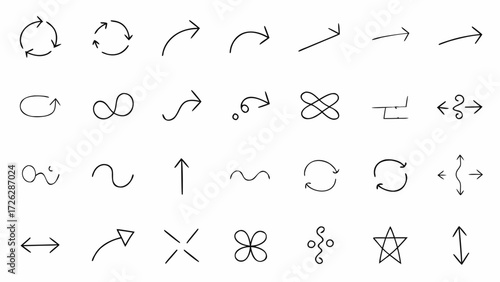 Vector collection of hand drawn arrows and symbols in various shapes and directions on a white background sheet