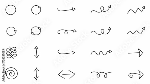 Vector illustration of various hand drawn arrows and circular shapes in different directions and orientations