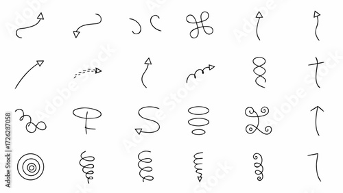 Vector collection of hand drawn arrows and abstract shapes in black and white doodle style illustration design
