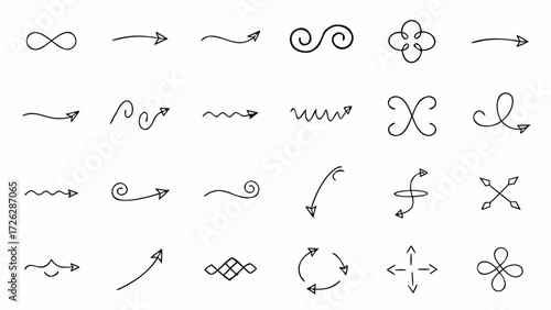 Vector collection of hand drawn arrows in various styles pointing in different directions on a white background