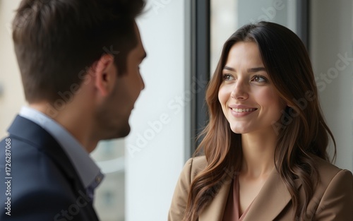Young man telling gossips to his woman colleague. High quality