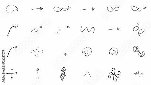 Vector collection of hand drawn arrows in various styles pointing in different directions on a white background