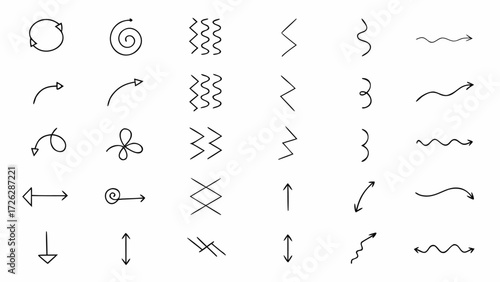 Vector collection of hand drawn black arrows and lines in various directions and styles on a white background