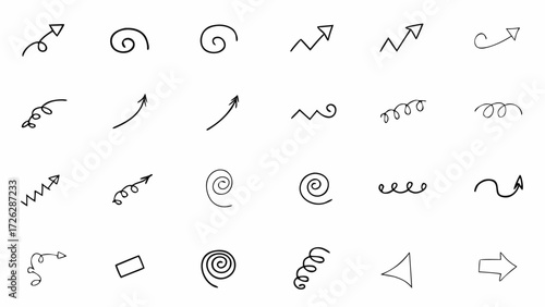 Vector collection of hand drawn arrows and spirals in various styles and orientations on a white background