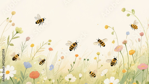 Bees in the Garden Flower Illustrator Artwork Banner Background Design Template 