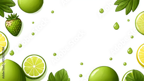  Frame of green and yellow citrus fruits and strawberries with water droplets, watercolor style, representing healthy eating and refreshing beverages, with copy space.