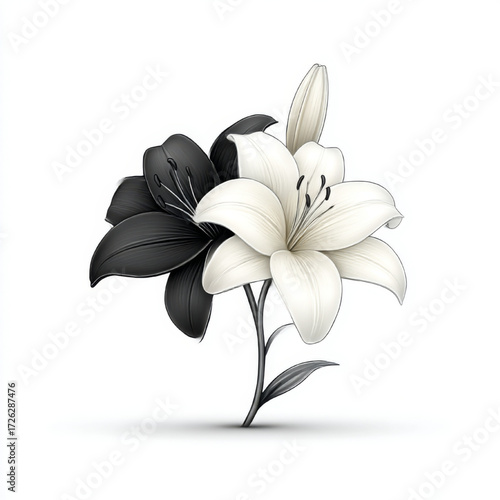 Stylized lily flower illustration, black and white, representing elegance and duality.