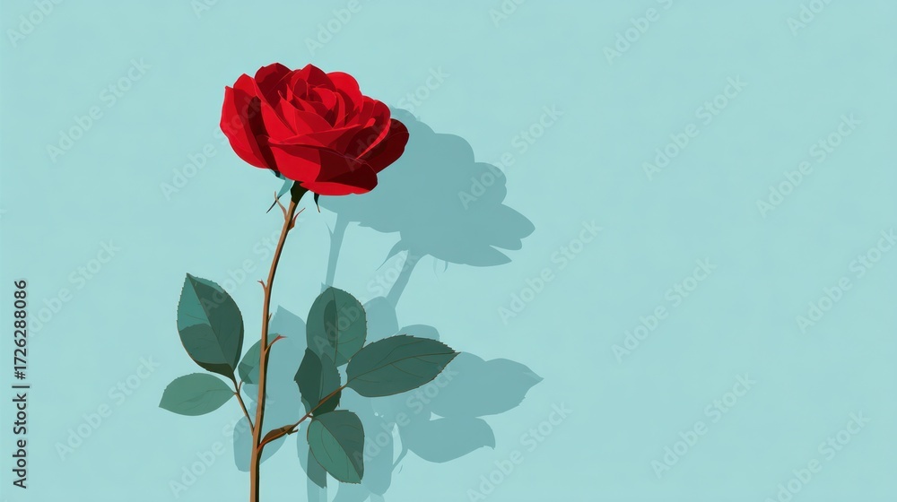 Obraz premium Red rose on light blue background
