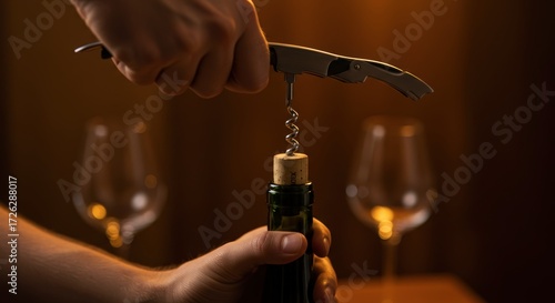Hands opening wine bottle with corkscrew