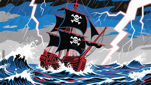 Cuadro en lienzo Pirate Ship in the Middle of the Sea Illustrator Artwork Banner Background Desig