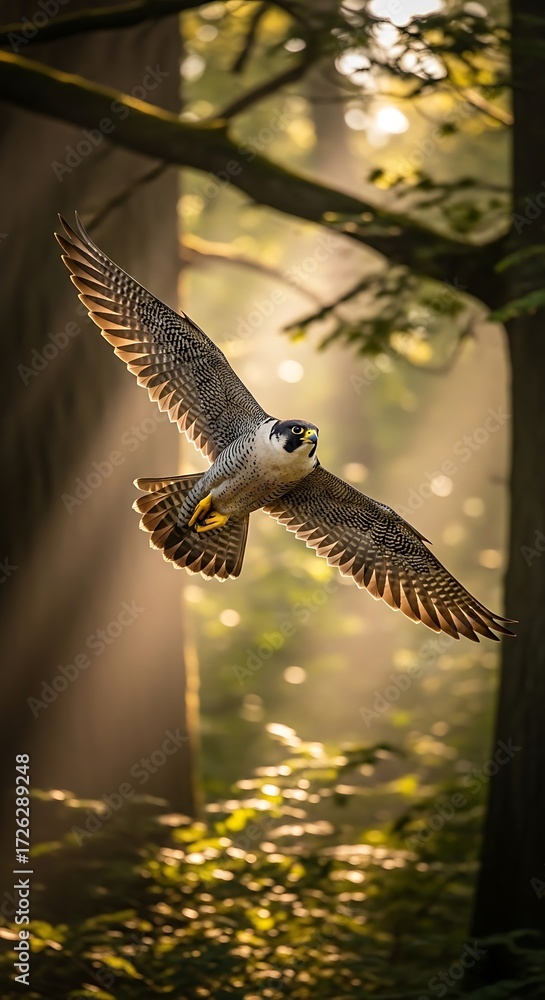 Fototapeta premium Falcon Soaring Through Forest Canopy.