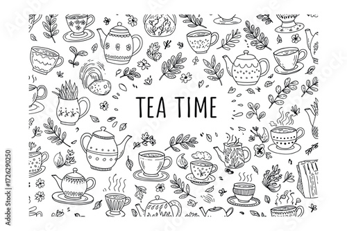 Enjoying tea time cozy moments with teapots and cups relaxing home environment artistic illustrations. Vector illustration