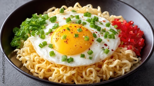Top View of Noodles Bowl with Fried Egg and Fresh Herbs on Dark Background