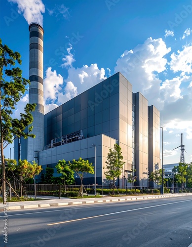 Modern power plant on a sunny day, next to a road with trees and a clear sky