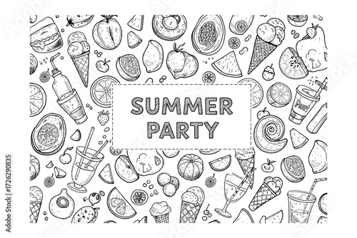 Summer party celebration outdoor venue fun illustrations vibrant atmosphere playful design seasonal theme. Vector illustration