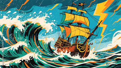 A Great Storm Hits the Pirate Ship Illustrator Artwork Banner Background Design Template 