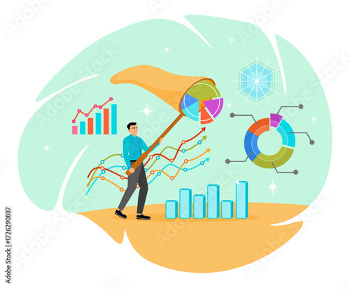 Data collection concept. Businesspeople capture data graphs and charts with butterfly nets .