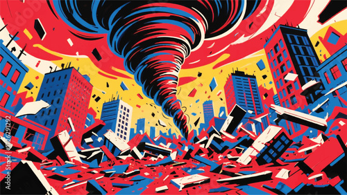 Twister Destroys the City Illustrator Artwork Banner Background Design Template 