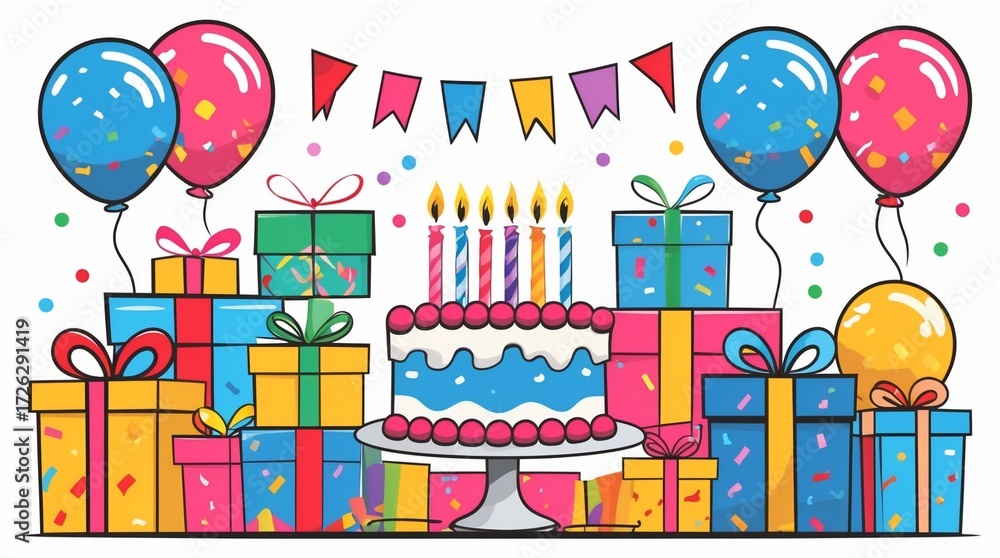 Naklejka premium Festive Birthday Celebration with Cake, Balloons, and Gift Boxes.