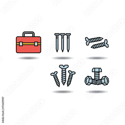 Toolbox, nails, and screws arranged neatly on a white surface, representing construction and repair work with a clean and organized aesthetic.