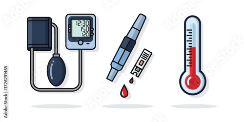 Medical equipment showing blood pressure monitor, glucose meter, and thermometer on white background, representing healthcare and diagnostics.