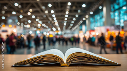 Open book on wooden table with blurred exhibition crowd at Feria del Libro de Guadalajara international book fair Mexico