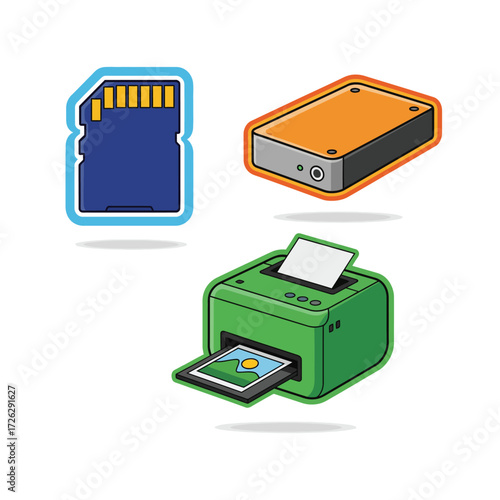 Memory card, hard drive, and printer represent data storage and output in a digital technology environment, showcasing modern connectivity and information management.