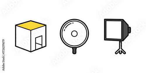 Studio lighting equipment showing different types of lights used in photography and videography, simple line art style on white background.