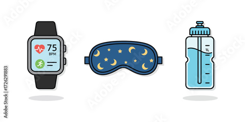 Smartwatch, sleep mask, and water bottle represent a healthy lifestyle and wellness routine on a clean white background, promoting selfcare and balance.