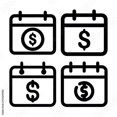 Financial calendar vector icon set with dollar signs, illustrating concepts of payment schedules, billing deadlines, and payday