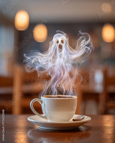 Ghostly coffee concept with smoke ghost emerging from coffee cup, surreal smoke ghost coffee art, ghostly smoke rising from coffee in a cafe concept