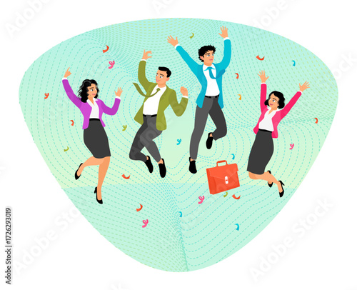 Joyful staff or employee success concept. Four Colleagues Jumping for Victory and Success.