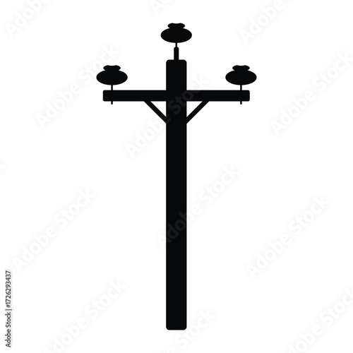 Silhouette Electric Power Pole With Crossarm And Insulators Standing Tall In White Background
