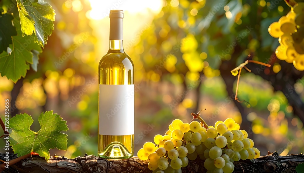 Fototapeta premium Wine bottle in vineyard at sunset