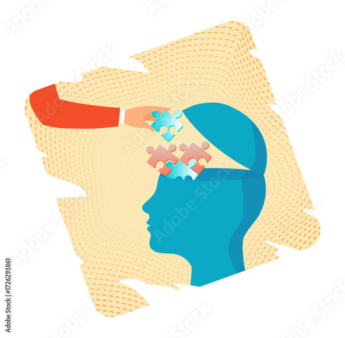 Mind therapy concept. Hand solve jigsaw puzzle in human brain head.